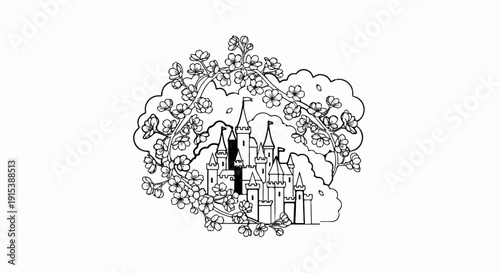 A fairytale castle framed by blooming cherry blossoms and clouds