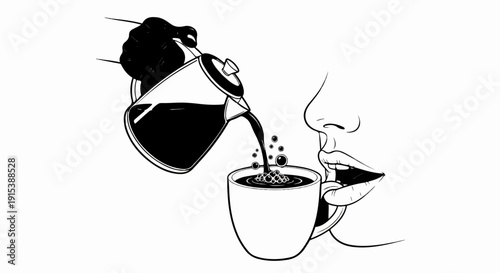 A close-up illustration shows a hand pouring dark liquid into a cup near a person's lips
