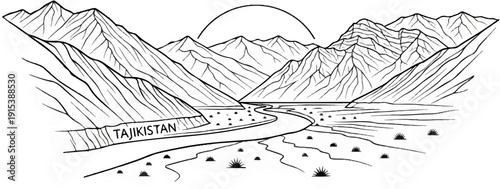 A hand-drawn, black and white illustration of a mountainous landscape with a winding river
