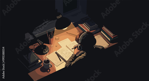 Overhead view of person working late at desk with lamp, headphones, coffee, and books, in dim light.