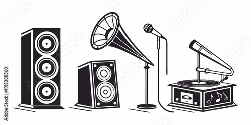 A vintage microphone and speakers setup with a turntable and amplifier. Vector