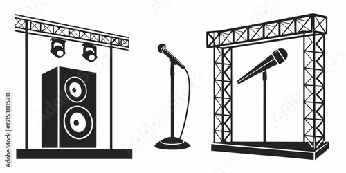 A detailed illustration of a stage setup with a microphone and a speaker. Vector