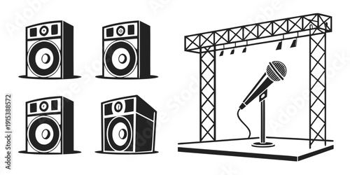 A singer performing on stage with a microphone and four speakers in the background Vector