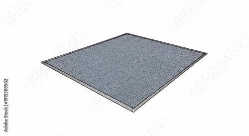 A close-up isometric view of a textured speckled gray rug with fringed edges