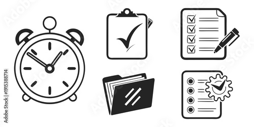 A collection of icons representing time management and organization tools. Vector