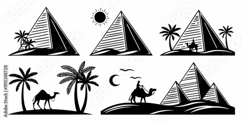 Four mountains, a palm tree, a crescent moon, and a sun above a beach landscape Vector