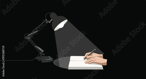 Hands writing in a notebook under a desk lamp's bright light in a dark room, symbolizing study, creativity, and work
