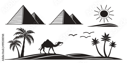 Desert landscape with pyramids, palm trees, and a camel under a sun Vector