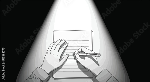 Close-up of hands writing on a document under a spotlight, symbolizing focus, creativity, or important work.