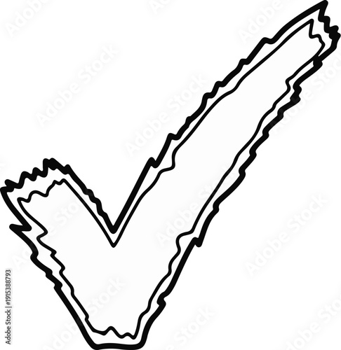 A hand-drawn check mark symbol with thick, uneven outlines on a white background