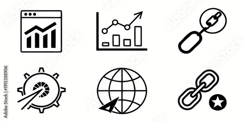 Icons representing various aspects of business and global connectivity. Vector
