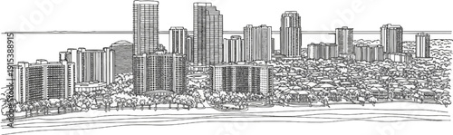A detailed black and white sketch of a coastal city skyline with high-rise buildings and tropical foliage
