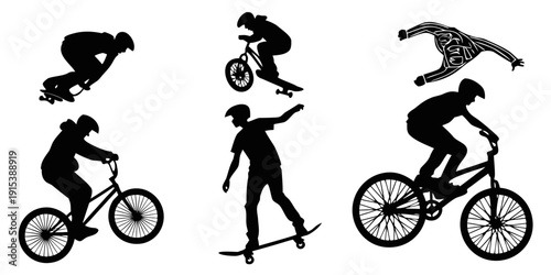 A sequence of a woman riding a bicycle and performing various tricks and stunts Vector