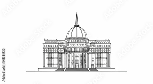 A detailed ink sketch of a grand neoclassical building with a central dome and spire