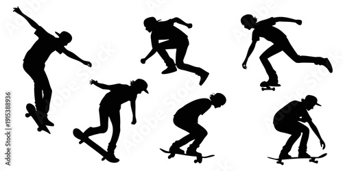 Silhouettes of skateboarders performing various tricks and stances on their boards. Vector