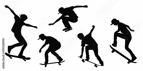 Silhouettes of skateboarders performing various tricks and stances on their boards Vector