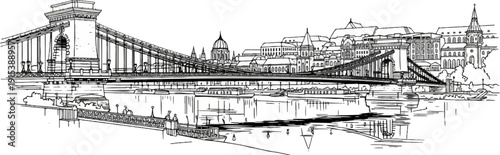 A detailed line drawing depicts a grand suspension bridge spanning a wide river with city buildings in the background