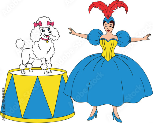 Circus Performer Woman in Blue Dress with Feather Headpiece and Poodle Standing on Pedestal, Vintage Carnival Show Illustration Vector Clipart