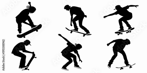 Silhouettes of skateboarders performing various tricks in a dynamic sequence Vector