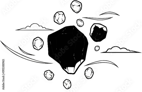 A central dark asteroid orbits with smaller celestial bodies and wisps