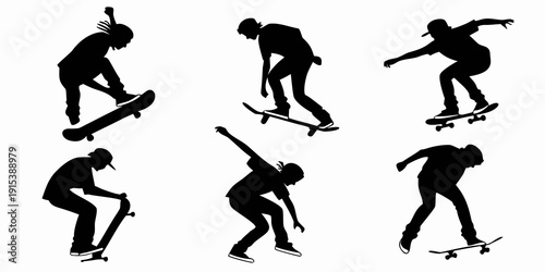 Silhouettes of skateboarders performing various tricks in a sequence Vector