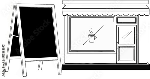 A blackboard stands next to a closed shop with a no coffee sign in the window