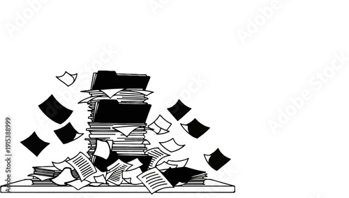 A chaotic pile of folders and scattered papers on a desk