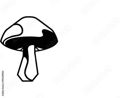 A bold black and white illustration of a toadstool with abstract shapes on its cap