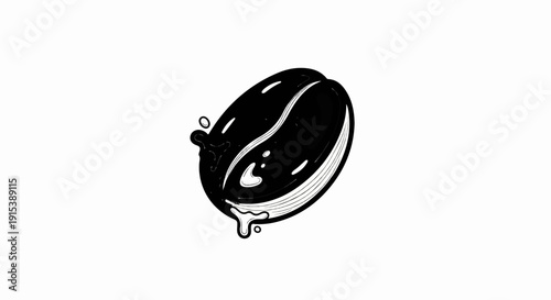 A bold, black coffee bean illustration with liquid droplets