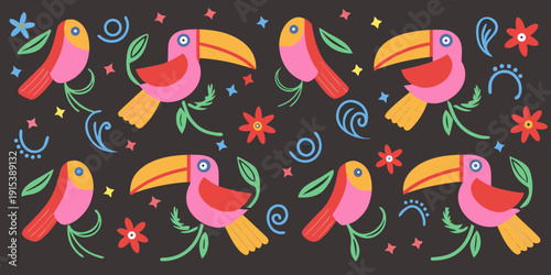 Colorful toucan pattern with tropical flowers and whimsical shapes