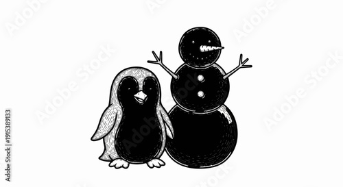 A charming black and white illustration of a plump penguin standing next to a cheerful snowman