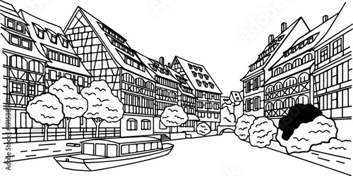 A charming European canal with old timber-framed buildings and a boat