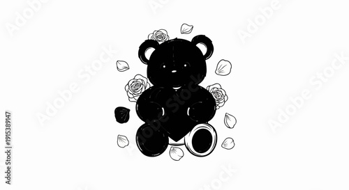A black teddy bear with a heart on its chest, surrounded by roses and petals