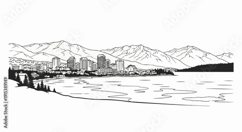 A detailed line drawing of a city skyline with mountains and water