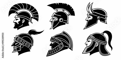 Ancient greek helmets showcasing various designs and protective features. Vector