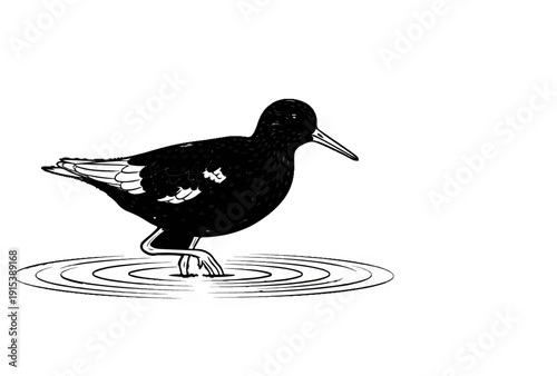 A black, textured bird stands in rippling water with its feet submerged