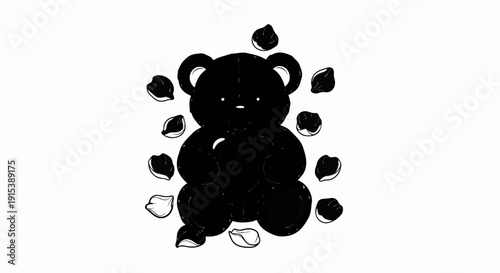 A black teddy bear sits surrounded by scattered black and white petals on a white background