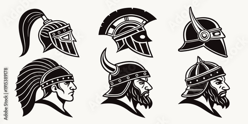 Ancient greek helmets displayed in a row with various designs and styles Vector