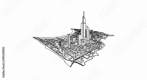 A detailed line drawing of a dense, modern city with tall skyscrapers and curving roads
