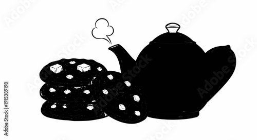 A black teapot steams beside a stack of chocolate chip cookies