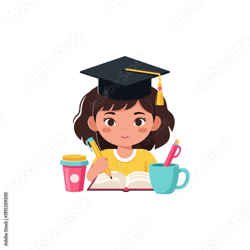 Young girl wearing graduation cap studying.