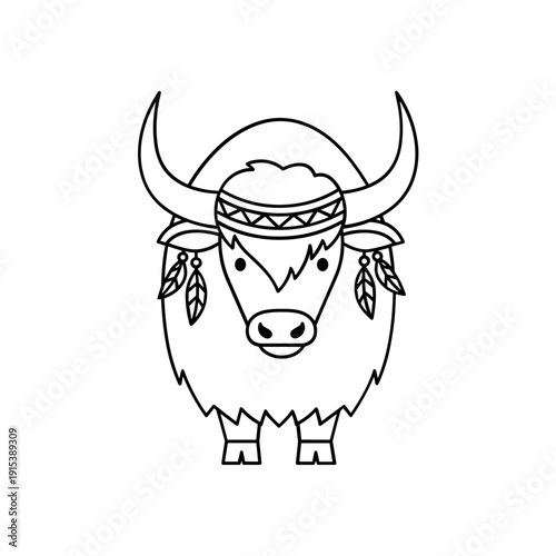 Yak wearing a headband and feathers.