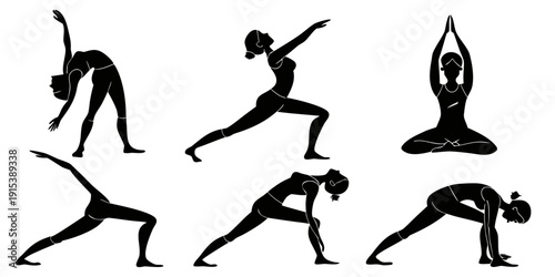 A group of people practicing various yoga poses in a serene environment. Vector
