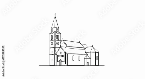 A detailed line drawing of a historic church with a tall steeple and clock