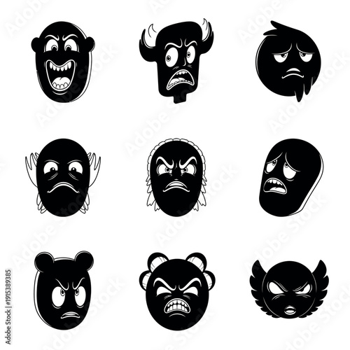 A collection of nine black and white cartoon faces with various angry expressions arranged in three rows on a plain white background.