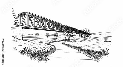 A black and white sketch of a railway bridge over a winding stream in a rural landscape