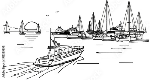A detailed line drawing of a harbor scene with multiple boats and sailboats