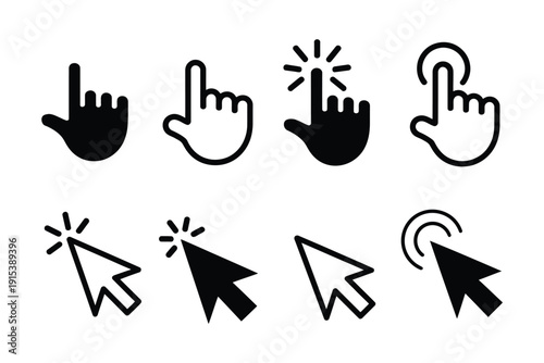 Set of Black Hand and Black and White Arrow Pointer Icons, Different Gesture Symbols Including Simple Point, Click with Action Lines and Click with Circular Ripples, Vector UI Elements
