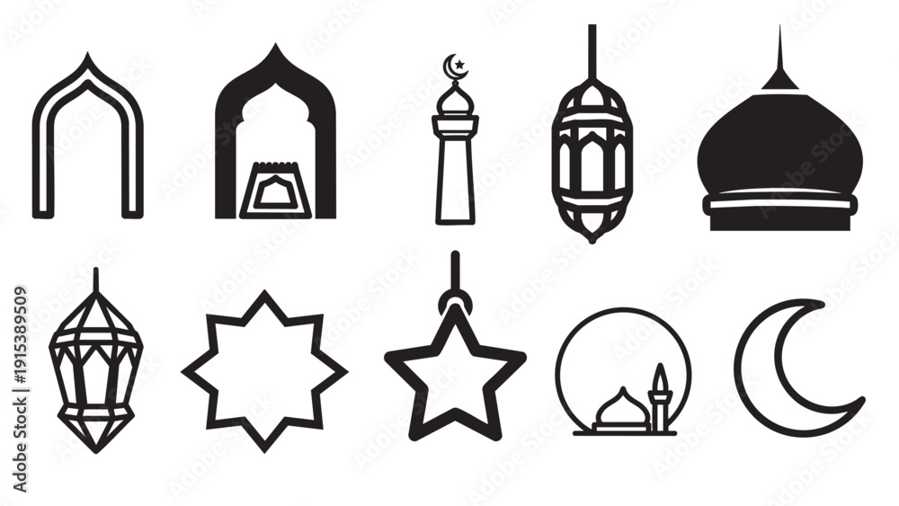 Obraz premium Ramadan icons and symbols in black and white