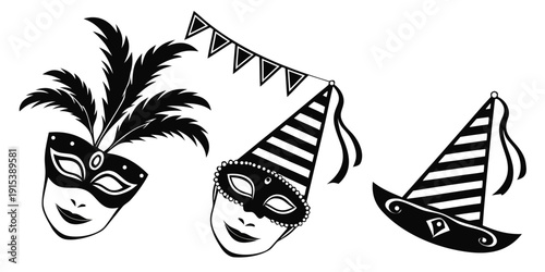 Three masks and a sailboat on a beach with palm trees Vector